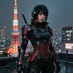 An realistic epic fantastic comic book style portrait painting of a female cyber ninja by WLOP trending on arstation, black and reddish color armor, cyberpunk feel raining at tokyo rooftop, Concept world Art,  unreal 5, DAZ, hyperrealistic, octane render, cosplay, RPG portrait, dramatic lighting, rom lights