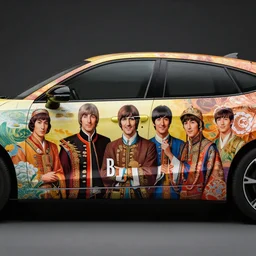 A High quality award winning 4K photo of a car with the bodywork painted with a beatles art in ancient china style, beatles art in ancient china style, car paint, ancient china style of the beatles, car paint