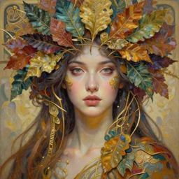 a beautiful woman in intricate detailed color oilpaint, 3 d render, hyper realistic detailed portrait, big flocking color leaves, ornate leaves, thin gold tendrils, elegant, intense colors, ruan jia, wlop. scifi, fantasy, hyper detailed, octane render, concept art, by peter mohrbacher, by alphonse mucha, by wlop, by ruan jia