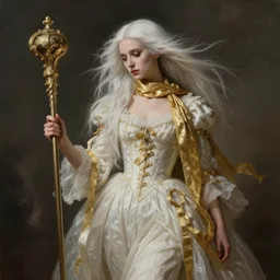 a vampire with long light white hair and a gold scarf, windy, ribbons, melancholic, modern maximalist fashion dress, is ( ( holding a staff ) ). light dust, magnificent, hyperdetailed, theatrical, painted by jean honore fragonard and greg rutkowski