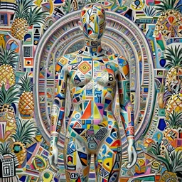 a beautiful mannequin covered with multicolor 3 d geometrical print by james jean + a portal to a new world + flowering pineapples, transcendent, vibrant color, clean linework, finely detailed, 4 k, trending on artstation, photorealistic, volumetric lighting, octane render