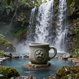 an intricate detail of a nature with coffee waterfalls and hot spring with a large coffee mug stone statue at the center, fantasy, highly detailed, cinematic lighting, volumetric lighting,  Artstation, concept art, hyper realistic, cgsociety
