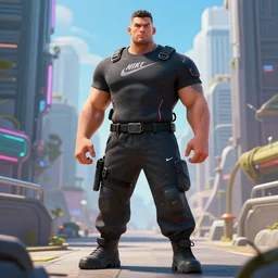 A broad shouldered, muscular man in a Acronym Riot Division Nike techwear outfit, Acronym P31-ds pants, trending on r/techwearclothing, high quality, digital art, cyberpunk city, Summer, greg rutkowski