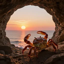 a crab watching the sunset from a cave, digital art, trending on artstation, HDR