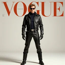 terminator t - 5 0 0. pose. studio photo in the 7 0's. vogue magazine cover with text. highly detailed