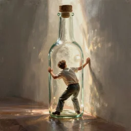 tiny man trapped in a bottle pounding on walls trying to get out