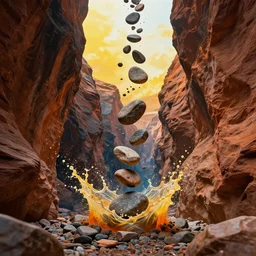 stones falling from canyon splash art graphic design color splash high contrasting art, fantasy, highly detailed, rule of thirds art by greg rutkowski