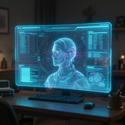 Octane render of a scene featuring a holographic 3d desktop interface in a detective's apartment. inspired by the film \Bladerunner 2049\ (2017). Trending on Artstation, CGstation. 4k. HDR. Raytracing. Fascinating fantastic intriguing cool badass awe-inspiring mysterious amazing wow futuristic interesting cinematic.