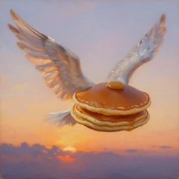 a pancake with attached wings, flapping its wings flying in sunset sky, oil on canvas, portrait, intricate, 8k highly professionally detailed, HDR, CGsociety