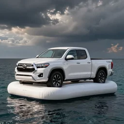 A large floating inflatable white Toyota pickup, with paint splatter