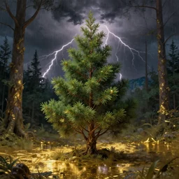 a small juniper tree in a small forest during a thunderstorm, studio lighting, golden ratio, details, masterpiece, fine art, intricate, decadent, ornate, highly detailed, digital painting, octane render, ray tracing reflections, 8 k, artstation, concept art, smooth, sharp focus, illustration, art by claude monet and vincent van gogh and van eyck