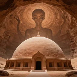 alien civilization worshipping their deity inside a gigantic clay dome where a godlike silhouette is carved out in the ceiling, it is a place of worship, desert environment, cinematic composition, cinematic lighting, harmonious colors, trending on artstation and cgsociety
