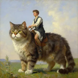 man riding a huge cat, oil painting by Ivan Shishkin