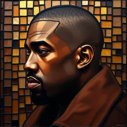 detailed portrait of kanye west, profile view, side view, lebanese man, 4 5 years old, brown coat, shaved head, slight stubble, stained glass art, by alphonse mucha, brown mosaic background, very masterful, no artifacts