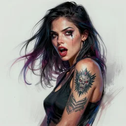 a drawing of a woman with a tattoo on her arm, cyberpunk art by Ilya Kuvshinov, cgsociety, shock art, ilya kuvshinov, digital painting, speedpainting