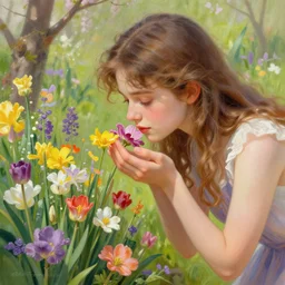 girl smelling colorful flowers, spring garden, highly detailed, digital painting, cgsociety , concept art, sharp focus, illustration, art by artgerm and greg rutkowski and alphonse mucha