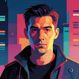 a portrait of a cyberpunk man staring at the camera with dramatic lighting, by kawase hasui, moebius, edward hopper, unreal engine, colorful flat surreal design, hd, 8 k, artstation