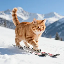 an orange tabby cat skiing in the mountains