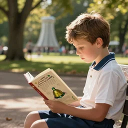 a young boy reading a book about nuclear power sat in a public park, a sense of awe, warm dappled light, trees, over the shoulder shot, in the style of norman rockwell