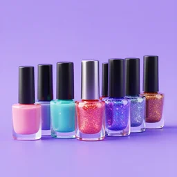 a row of colorful nail polishes on a purple background, sparkling, glitter, photorealistic, 3 d art, iridescent, octane render, vray tracing, advertisement, 8 k