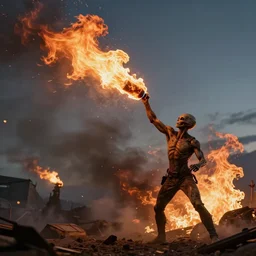 alien throwing flaming bottle at a riot
