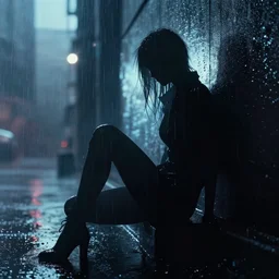 silhouette of a female sitting against a building, rainy, cyberpunk, blade runner, futuristic, intricate, sharp focus, lens flare, bloom, illustration, highly detailed, digital painting, concept art, matte, art by ruan jia and wlop and greg rutkowski, masterpiece