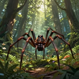 an ugly giant spider, beautiful, realistic, atmosphere, vibe, forest, lot of trees, fern, flowers, concept art illustration, color page, tone mapping, akihiko yoshida, james jean, andrei riabovitchev, marc simonetti, digital illustration, greg rutowski, volumetric lighting, sunbeams, particles