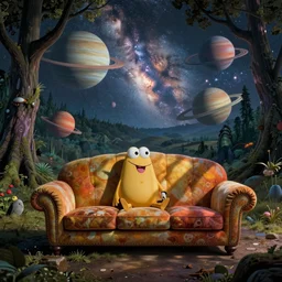 psychedelic trippy couch in forest, planets, milky way, sofa, cartoon by salvador dali