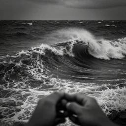 dark ocean, towering waves, grey - scale, highly turbulent, deep focus, dark sky, high point of view, hands and faces