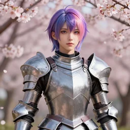 real photograph of a hyperrealistic ultradetailed anime girl dressed in steel plate armor, with physically textured skin material, surrounded by cherry blossoms, high res, shadow mapping, made by wlop, trending on artstation, lgbt hair, 3 d, lifelike human, k - pop person, unreal engine 5, blender, extremely immersive, sharp focus