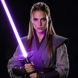 heidi klum as a jedi with ripped and damaged clothes holding a purple lightsaber in her hands, very dark background, official star wars episode xii movie poster, perfect symmetrical face, moody lighting, 8 k, shallow depth of field, intricate detail,