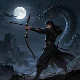 korean archer. dragon. night sky. moon. mountain. dark fantasy. high resolution. epic fight. detailed. digital art. dark fantasy. kentaro miura