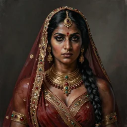 portrait painting of dark muscular indian royal woman, ultra realistic, concept art, intricate details, eerie, highly detailed, photorealistic, octane render, 8 k, unreal engine. art by artgerm and greg rutkowski and alphonse mucha