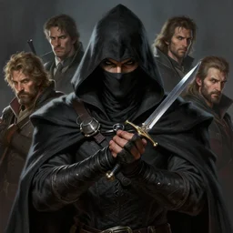 portrait, mysterious male rogue wearing a cloak, covered face, holding a sharp poisoned dagger close to himself, rpg game, stern expression, main character, detailed, digital painting, artstation, sharp focus, illustration, artgerm, tomasz alen kopera, peter mohrbacher, donato giancola, joseph christian leyendecker, wlop, frank frazetta