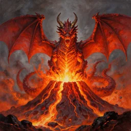 giant dragon made out of magma rising from a volcano, fantasy art, acrylic painting