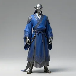 full body portrait of a pathfinder shabti daoshi with metallic skin wearing a blue daopao by wlop, wuxia, xianxia, pathfinder shabti race, shabti, taoist priest, taoist master, daopao, taoist robe, realistic, anatomically accurate, fantasy illustration, artstation, wlop, 4 k.