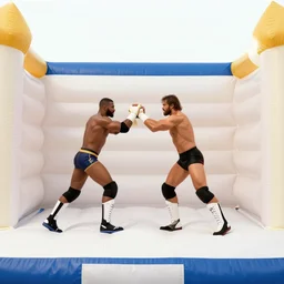 two wwe wrestlers wrestling in a bouncy castle