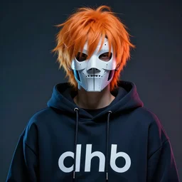 digital art of a person with orange hair with a face mask on wearing a hoodie with dhb written on it on it, highly detailed, cyberpunk