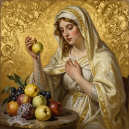 the society of the spectacle masterpiece ultrarealistic ultradetailed painting of catholic veiled lady beside fruits, still life, stefan gesell, immerse, slime, 2 1 th century, special effects makeup, maximalist, glittering, gold, ivory, hyperreal, golden ratio, alphonse mucha