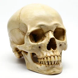 enamel human skull replica, high detail macro photography, isolated on a pure white background, centered, entire object in frame, sharp focus, soft studio lighting