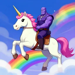 thanos riding a unicorn on top of a rainbow, digital art, trending on artstation
