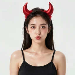 centered medium shot fine studio photograph of a devil raver girl, ultra-realistic, white background, 8k HDR, sweaty, ig model, pinterest, tiktok girl, soft lighting, facing the camera, pout,