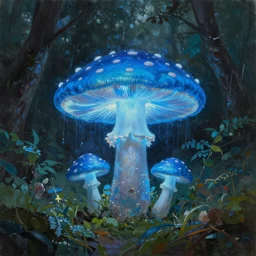 A huge glowing blue mushroom inside a rainforest, oil painting, hyperrealism