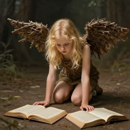 a young blond with toy wings made out of twigs is kneeling down on the floor, looking desperately at two open books, fantasy painting
