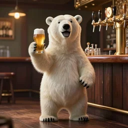 a still of a smiling polar bear holding a beer at a bar, standing on two legs on the floor. beer tap. 4 k. hyper - detailed. epic ligthing