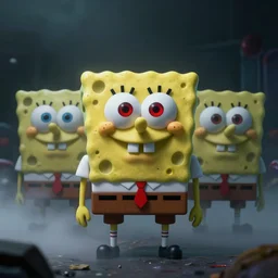 3 d creepy cgi spongebob staring with red eyes. octane render. volumetric fog, 4 k, darkness, scary, eery, realistic, hyperrealism
