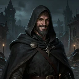 4 0 years old man, friendly, smiling : : goatee beard : : hooded cloak : : medieval city, night, dark, grim, high detail, digital art, rpg, illustration