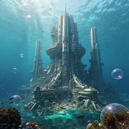 giant scifi city under bubbles in the sea, artstation, ultra detailed, unreal engine 5, photorealistic wide-angle, 8k