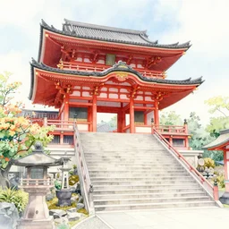 a beautiful watercolor painting of a japanese temple, pastel colors, long staircase, trending on artstation, trending on behance, award winning artwork