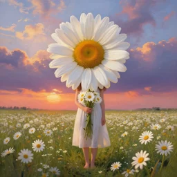 head made of giant daisies, girl standing barefoot in a flower field, holding flowers, surreal photography, sunrise dramatic light, impressionist painting, colorful clouds, large sky, digital painting, artstation, simon stalenhag, flower face